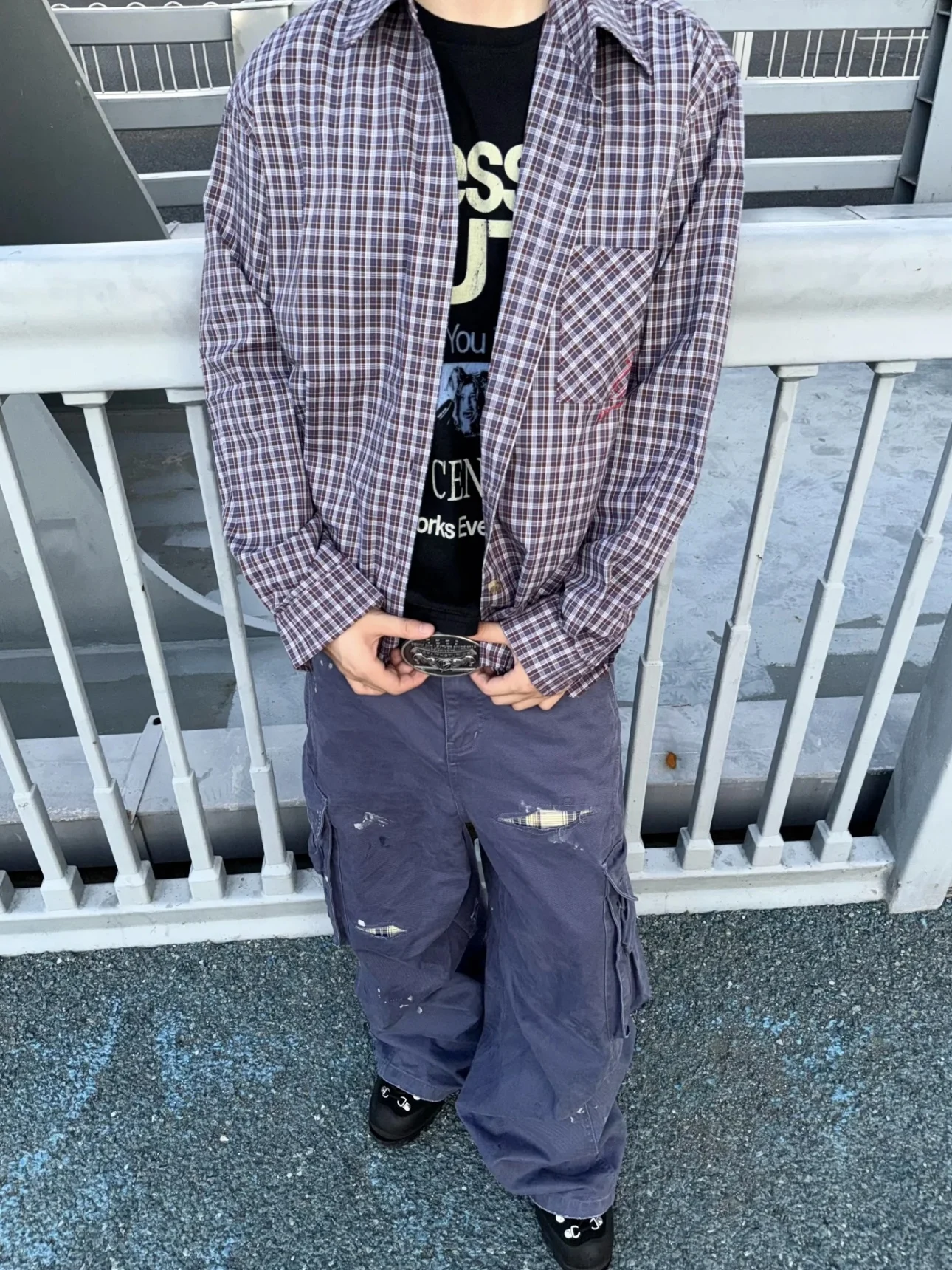 

Retro American Purple Plaid Embroidered Long Sve Men's irt CleanFit Old Money Carving Design ort Wide Casual irt