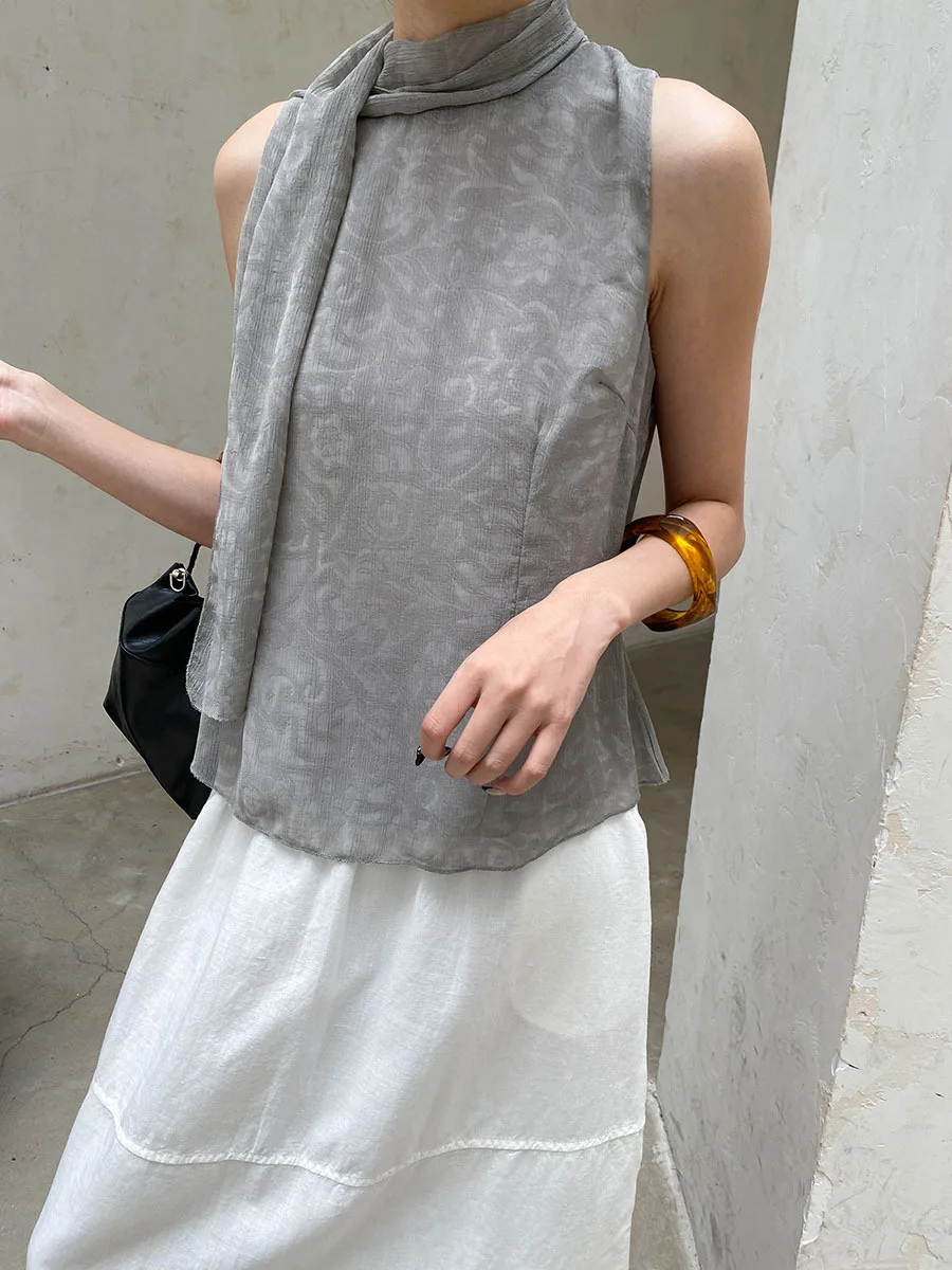 Sommerliche Damen-Retro-Jacquard-Weste mit Schleifenband und Neckholder, ärmellos – Detail 9