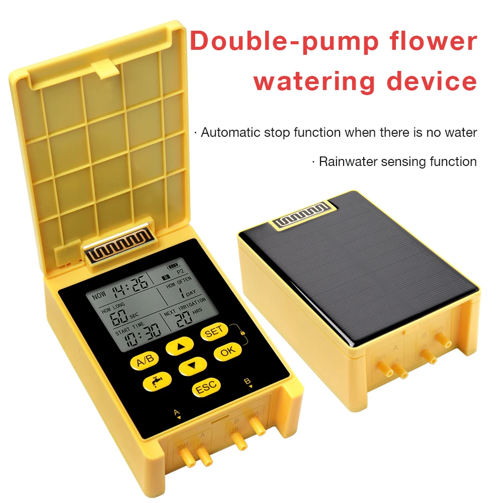 

Rain Sensor Solar Irrigation Timer Dual Pump Automatic Flower Water Timer Irrigation System Built-in 18650 Lithium Battery
