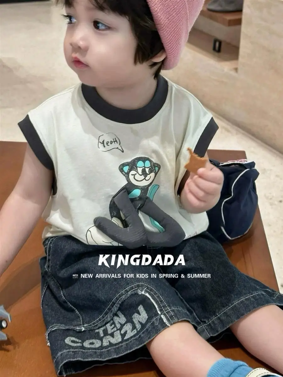 

Summer Fashion Baby Sleeveless Boys Cute Cartoon Top Tshirt+Jean Shorts 2pcs Children Set Casual Sportswear Streetwear Handsome