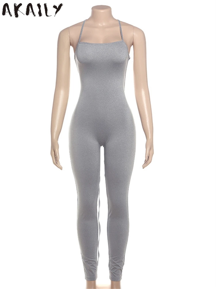 Akaily Sommer trend grau sexy rücken freie Bandage Overall lässig sportlich für Frauen 2024 ärmellose Skinny Stretch Fitness Overalls