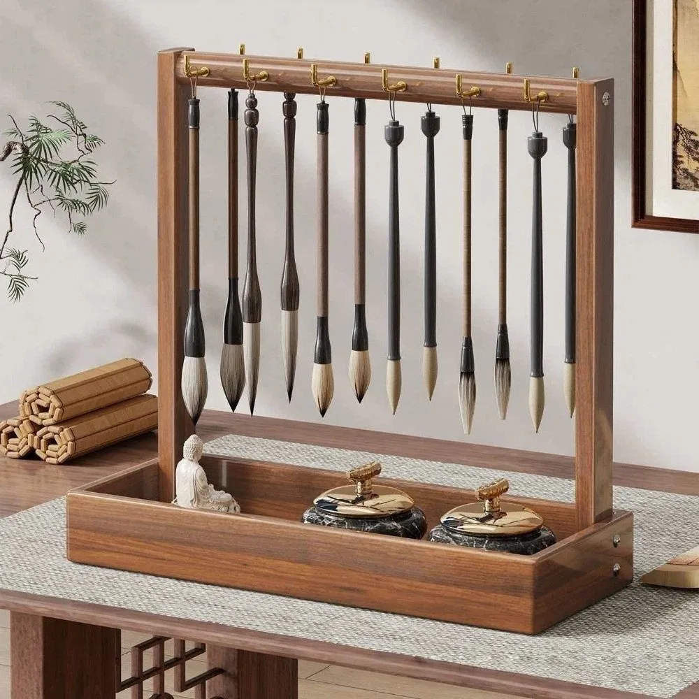 Traditional Calligraphy Brush Hanger Desktop Storage Multifunctional Writing Brush Organizer 12 Brushes Wood Color