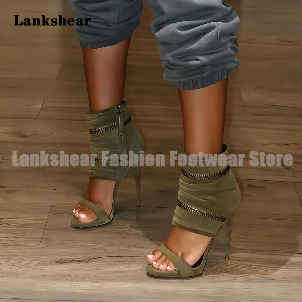 Army Green Suede Stiletto Heels Sandals Zip Ankle Wrap Open Toe Sandals Boots Women Shoes Summer Sandalias De Mujer Verano