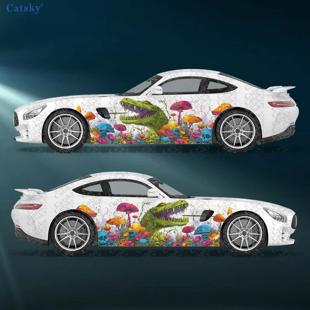 2pcs Vinyl decal of a grinning cannibal monster in a forest of mushrooms, suitable for cars and trucks, durable, fade-resistant,