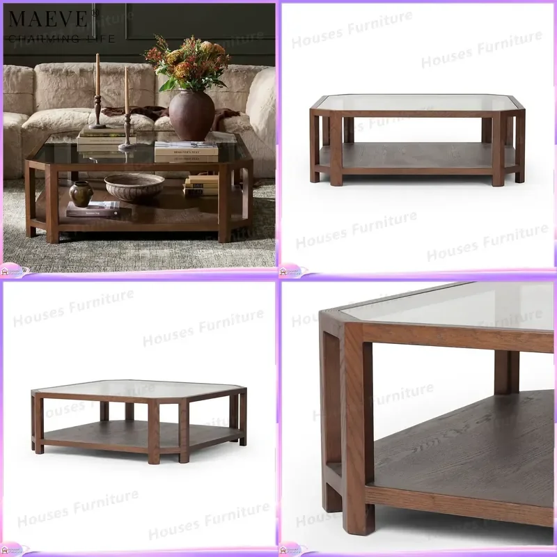 270 Two Tier Solid Wood Coffee Table Multifunctional Living Room Center Table with Lower Storage Shelf Modern Home Furniture
