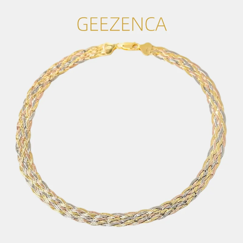 GEEZENCA Italian 925 Sterling Silver 3 Tone Braided Flat Necklace For Women Luxury Tricolor 7 Threads Woven Wide Necklaces Gift