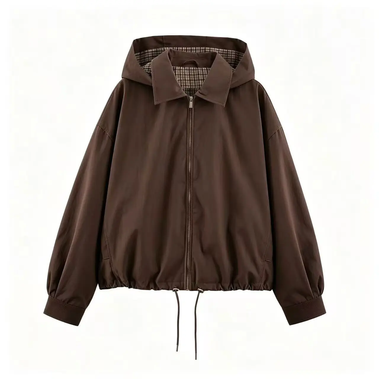 2026 Damen Stilvoller Mantel mit Karo-Futter, Herbstjacke mit abnehmbarer Kapuze, Revers, lockerer Passform, Reißverschluss, Kordelzug am Saum, lässige Streetwear-Oberbekleidung – Detail 9
