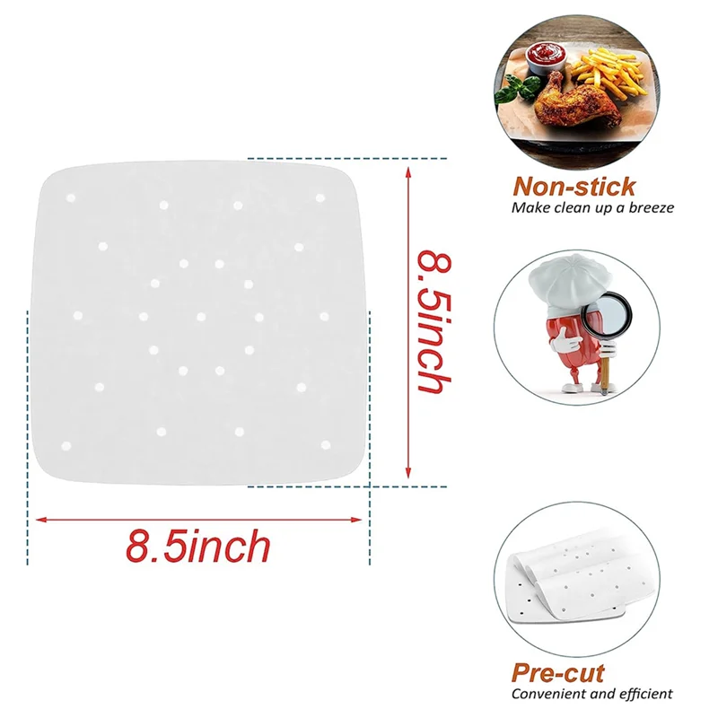ورق زبدة للمقلاة الهوائية A74X 100 قطعة 8.5 بوصة ورق مثقوب مربع غير مبيض لمقالي الهواء/الخبز/الطبخ