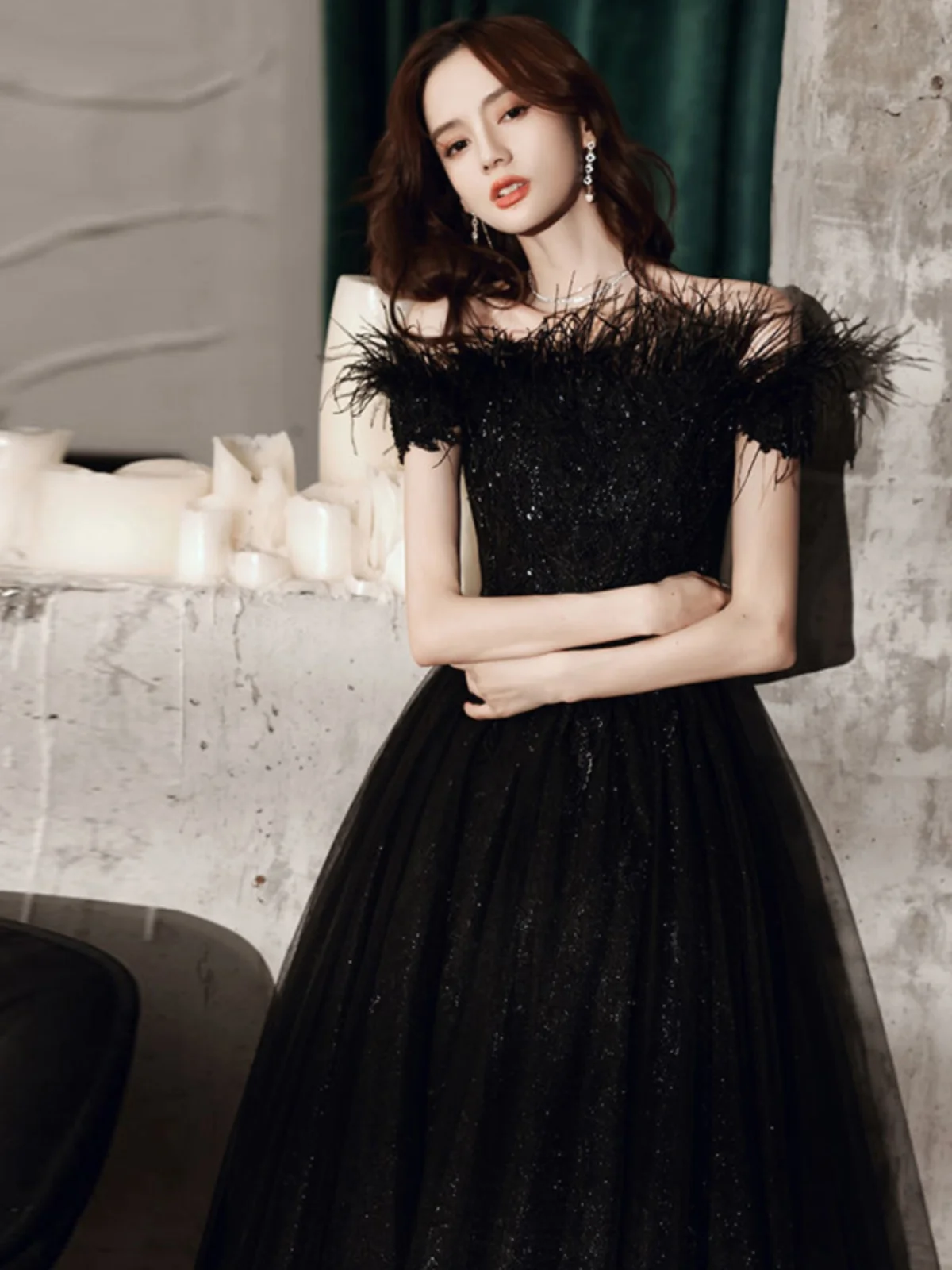 

Ele Bla Long Evening Gown One oulder Host Adult Ceremony High-End Dinner Par Dr Korean Sle Polyester Fiber