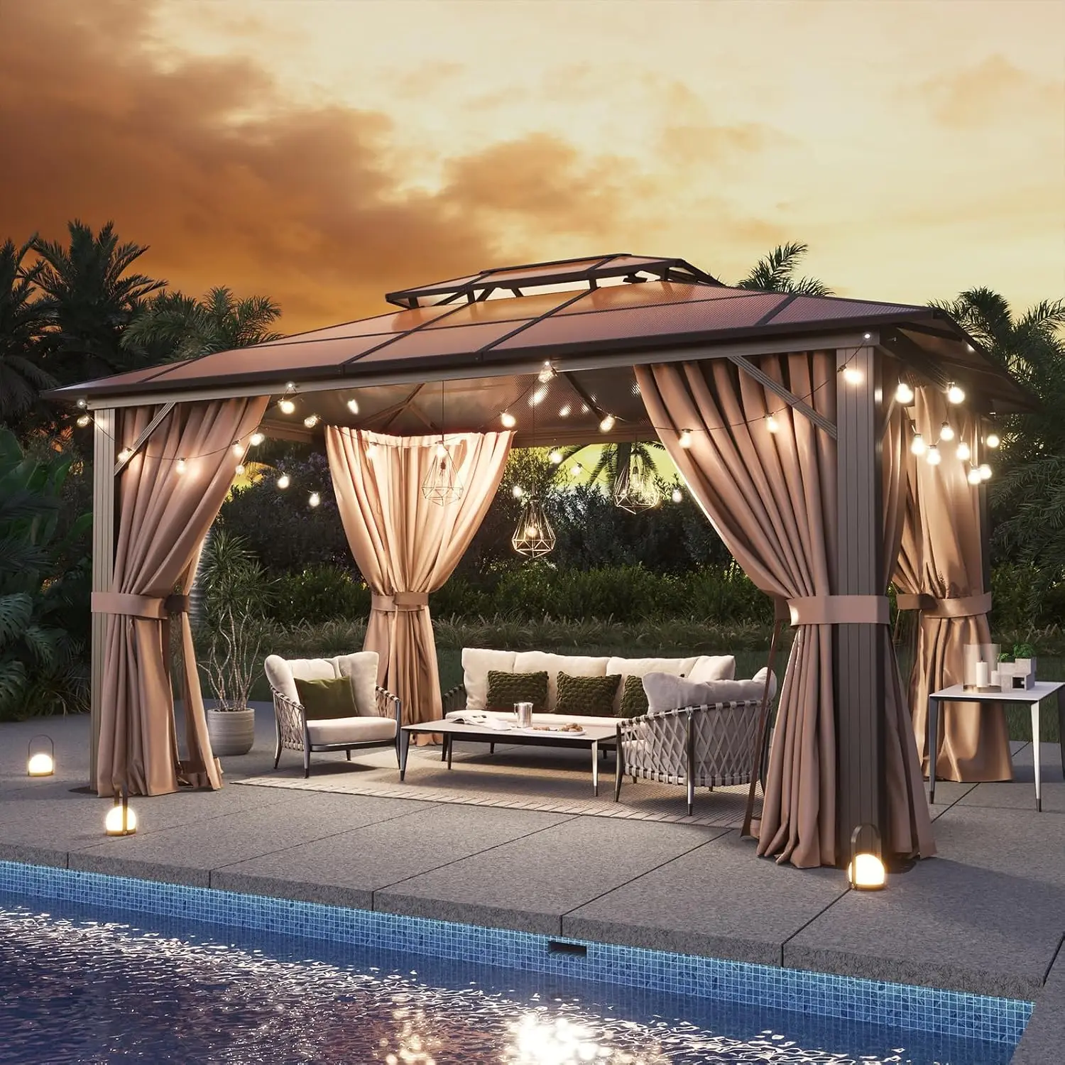 10x12ft Metal Hardtop Gazebo, Polycarbonate Double Roof, Curtains & Netting Pavilion for Outdoor, Custom