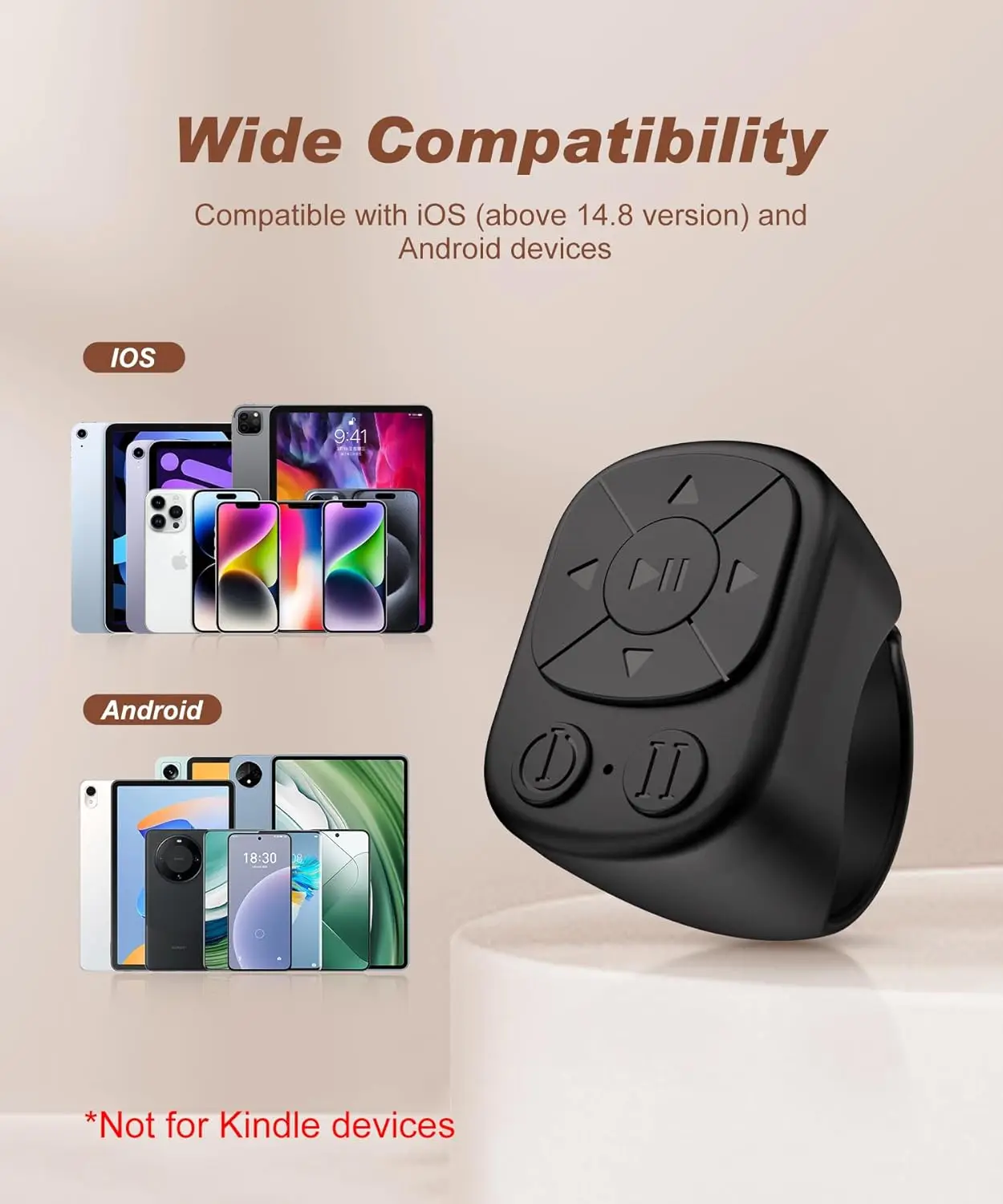 Bluetooth Scrolling Ring Remote Control, Page Turner Camera Shutter Video Music Controller for iPhone iPad Android