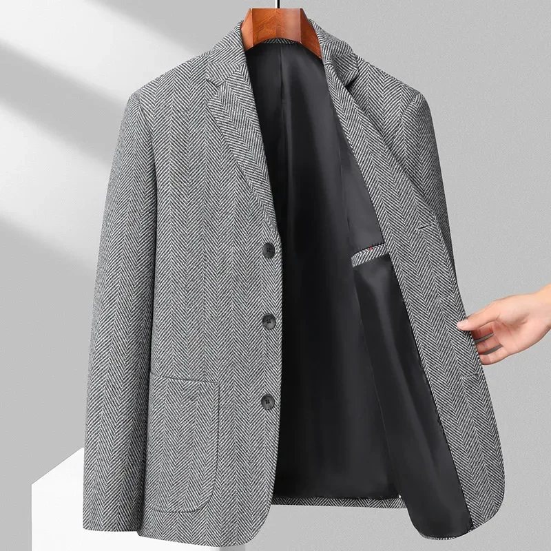 Business Casual Woolen Suit Flat Lapel Thick Single-Breasted Single-West Slim Fit Warm Jacket Classic Herringbone Pattern Coat