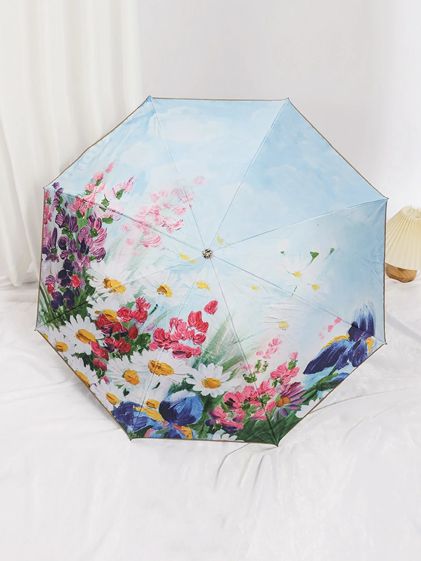 Double layer Fabric Foldable Inner Printed Small Black Umbrella, Sunny And Rainy Dual-use UV Protection Umbrella