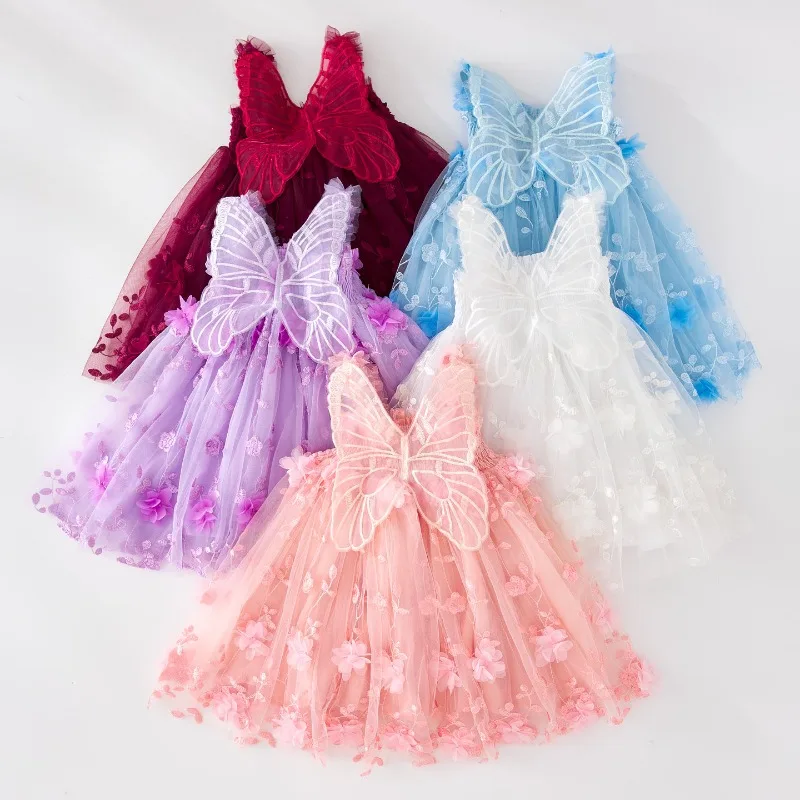 

Fairy Girls 3D Wings Mesh Princess Dress Children Suspender Party Dress Birthday Baby Cute Flowers Applique Puffy Dress
