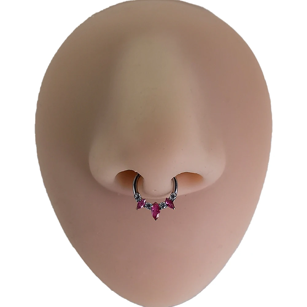 QM ASTM F136 Titanium Hinged Segment Hoop Nose Ring Clicker with Clear and Ruby Zircon Earrings Body Piercing Jewelry