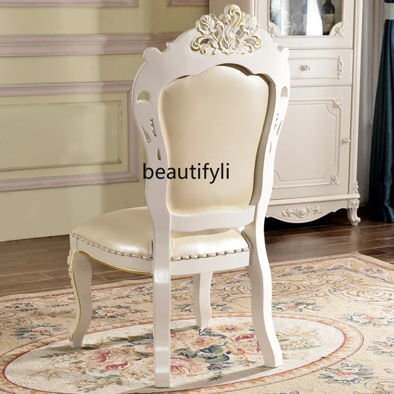 B03 American restaurant solid wood carving flower leather dining chair leather casual white dressing chair