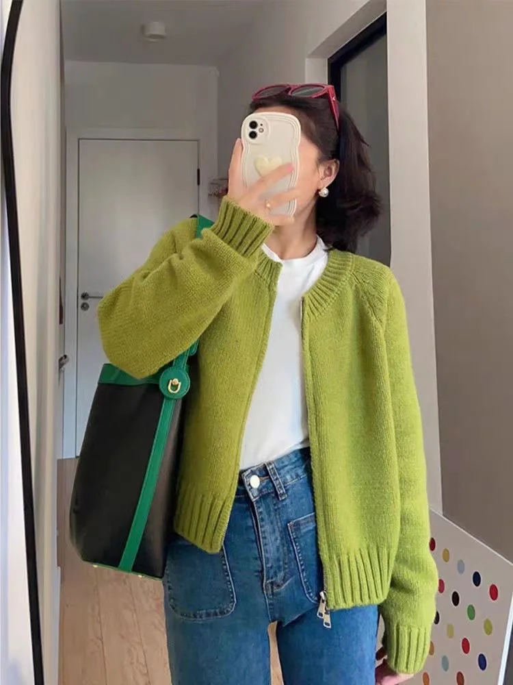 Women's Double Zipper Solid Color Short Knit Cardigan, Thick Long Sleeve Sweater Coat, Casual Versatile Autumn Winter Outerwear