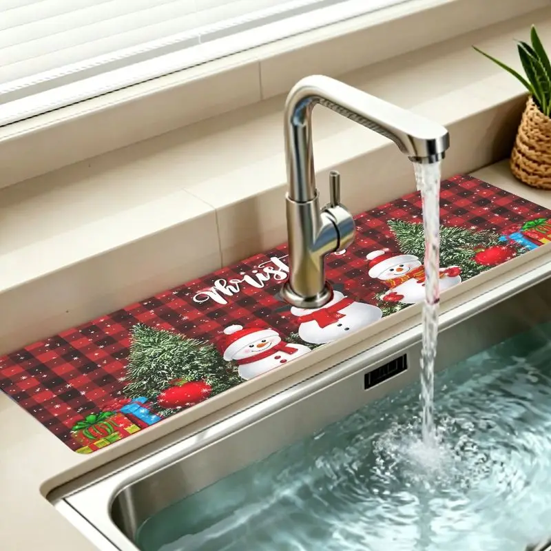 VIKAMA Christmas Faucet Mat Red Black Buffalo Plaid Snowman Xmas Tree Gift Sink Splash Pad Kitchen Mat 2027 Christmas Home Decor