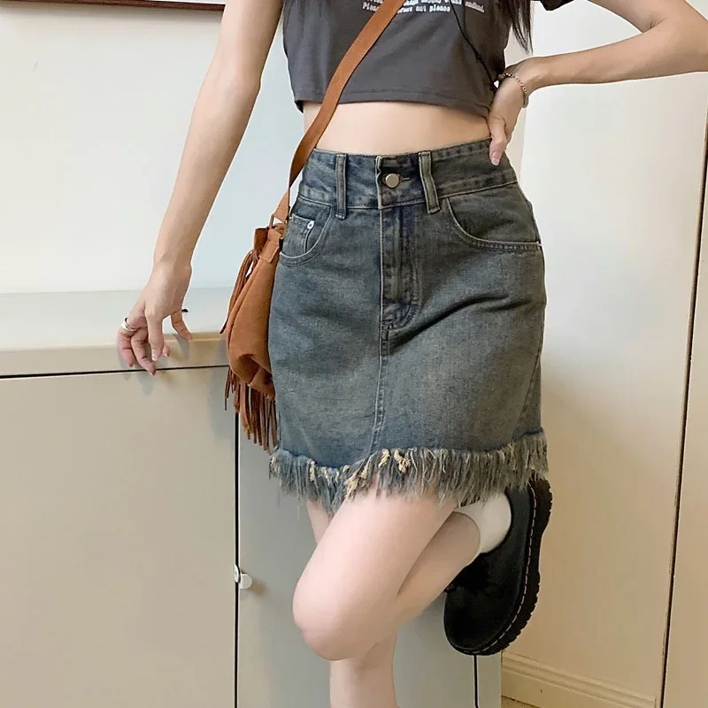 

Skirts Women Vintage Raw Edge Denim Washed Chic High Waist All-match Design Korean Fashion Distressed Sexy Spicy Girls Summer
