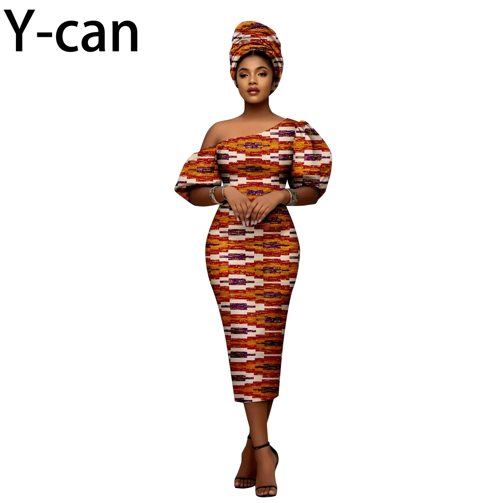 

African Dashiki Party Gown for Women Slim Fit Slanted Collar Puff Sleeve Evening Dress with Headwrap Ankara Print 2525135