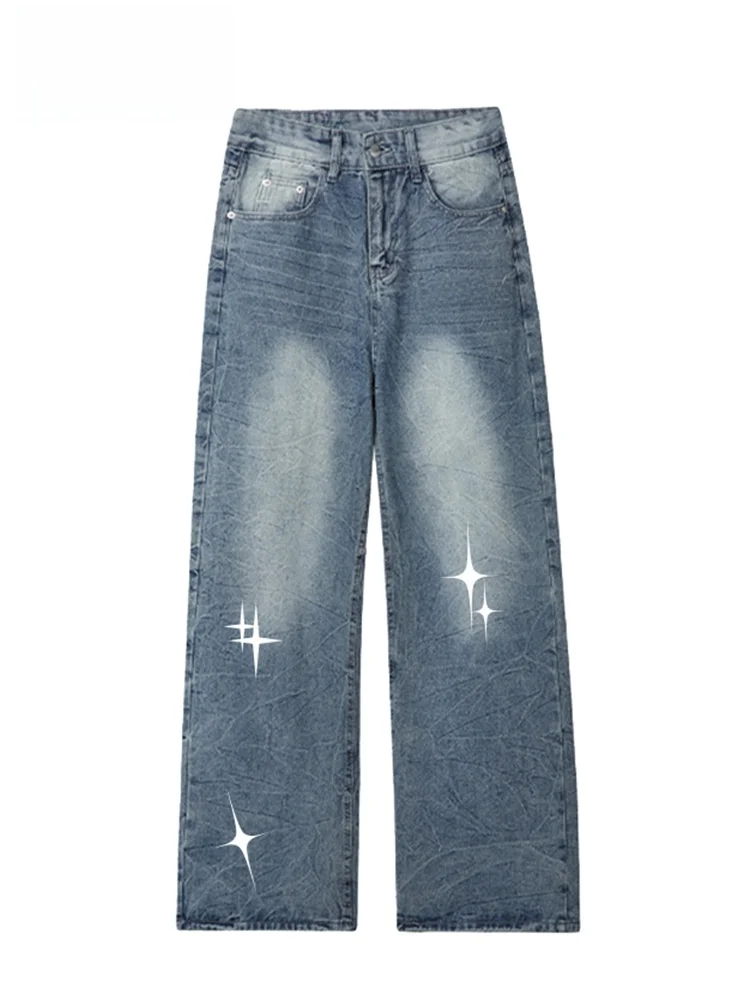 Calça Jeans Unissex Charles Heart Star Lavada de Perna Larga, Nova Coleção de Verão, Solta, Reta, Casual, Longa, Respirável e...