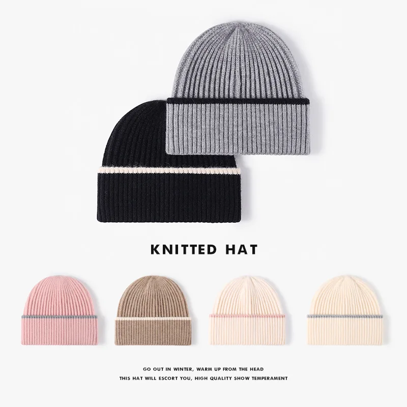 Knit Beanie Hats For Women Men Contrast Cuff Warm Winter Skull Cap Soft Stretch Daily Outdoor Headwear