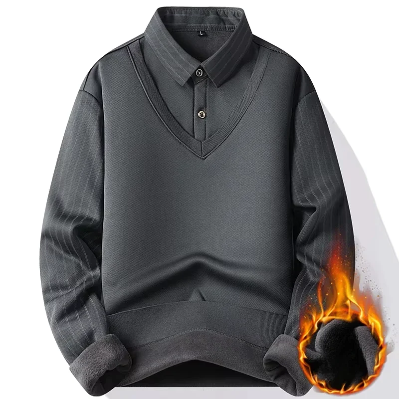 

Men Fake Two Piece Pullover Knitted Sweater 2024 Winter Warm Top Thickened Velvet Fleece Lined Shirt Collar Sweater Men Clothes
