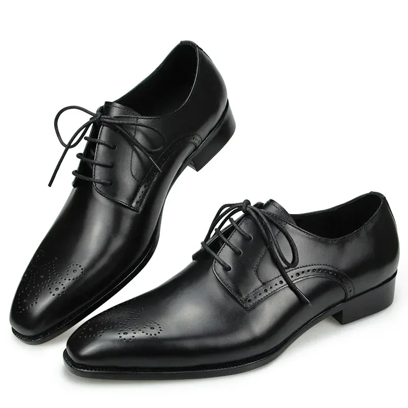 Derby Luxury Men Shoes Brogues for Wedding Classic Black Office Genuine Leather Lace Up Dress Pointed Customized Service Adult