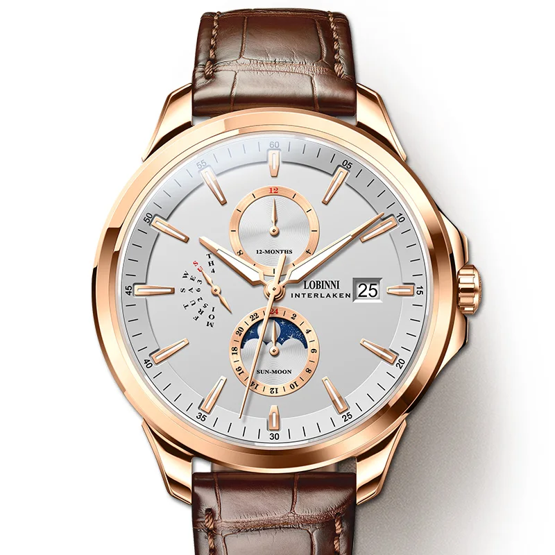 LOBINNI 2025, nuevo diseño, pantalla del mes de fin de semana, puntero luminoso, fecha, relojes de pulsera automáticos para hombres con correa de cuero