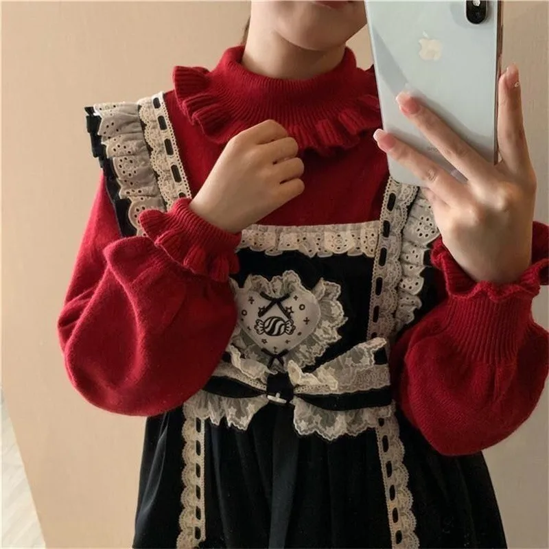 Lolita Turtleneck Knitted Sweater Winter Women Knitwear Vintage Ruffle Cute Girls Long Sleeve Red Jumper Christmas Sweaters