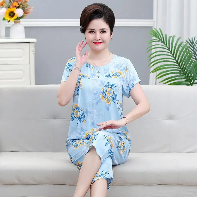 

Lightweight Cotton Silk Sleepwear Set Shorts Home Clothes for Women with Seven Pants Breathable Summer Style Elderly Friendly