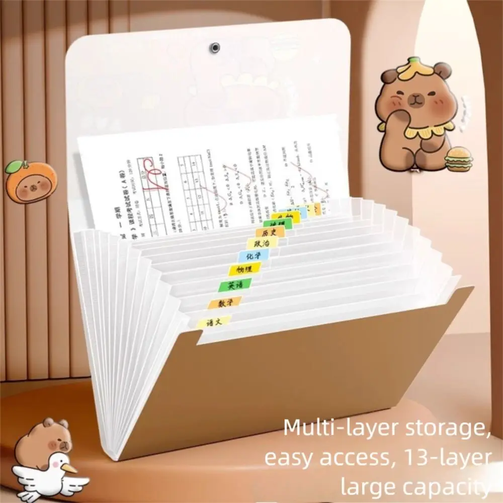 Cute Capybara A4 File Folder Large Capacity 13 Pockets File Organizer Waterproof Handheld Test Paper Storage Folder Stationery