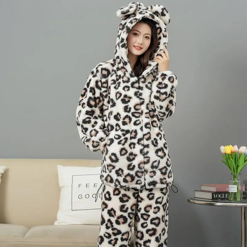 

Girl Coral Fleece Leopard Pajamas Set Princess Kawaii Warm Velvet Loose Hoodie Leisure Wear Autumn Home Clothes Outerwear new