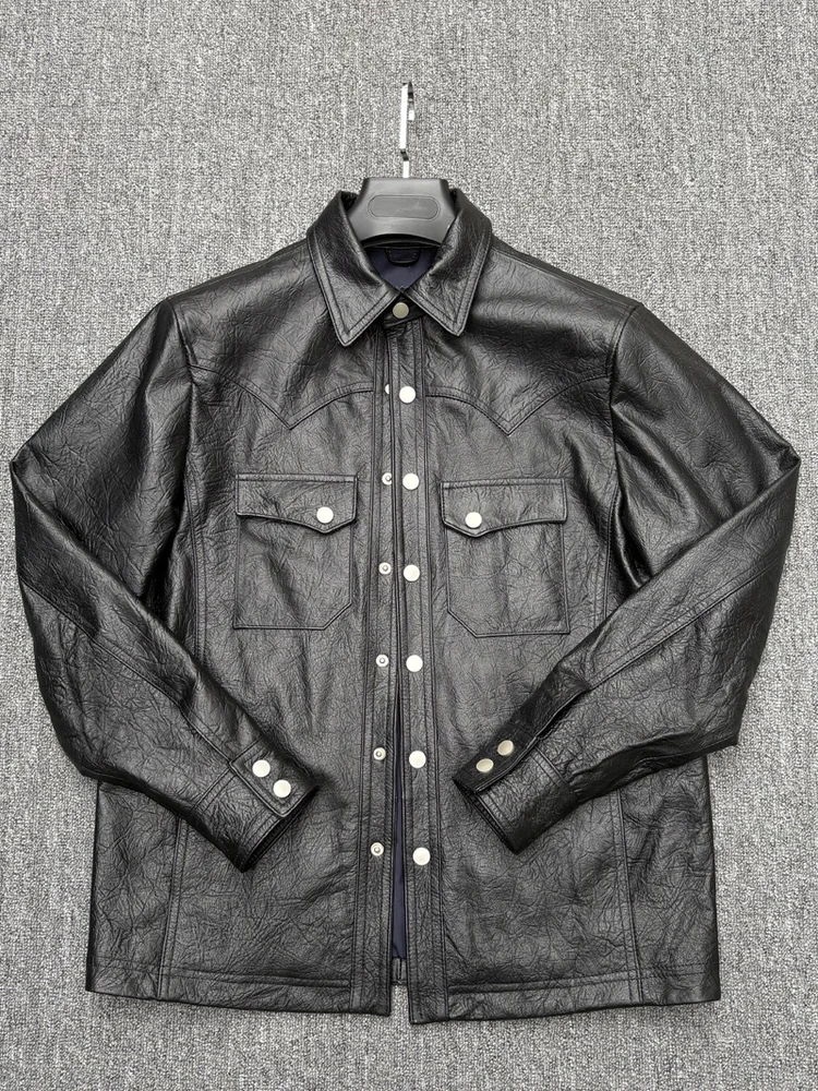 

Высококачественная мужская куртка из натуральной кожи с воротником, легкая, из мягкой телячьей кожи, с длинными рукавами, укороченная.