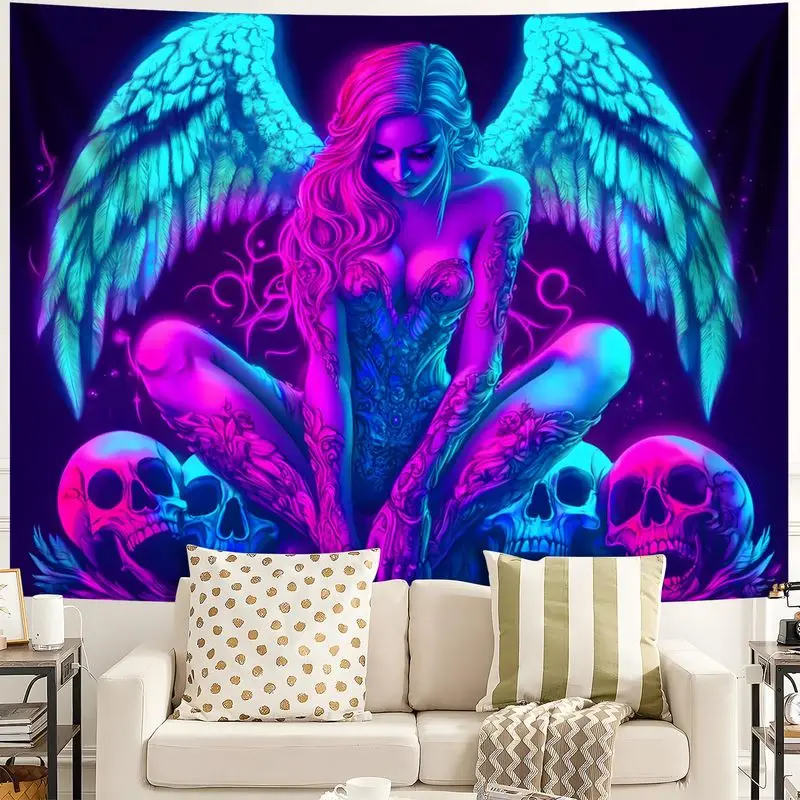 VIKAMA Vibrant Angel Feather Tattooed Dame Cranium UV Glow Tapestry Wall Mural Home Accent Decor Stylish Soft Durable Cozy Gift