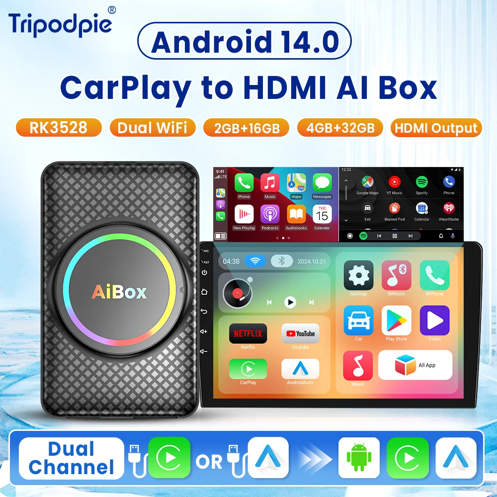 Android 14 Carplay HDMI Ai Box Drahtlose Android Auto Carplay RK 3528 Für Youtube Netflix Für