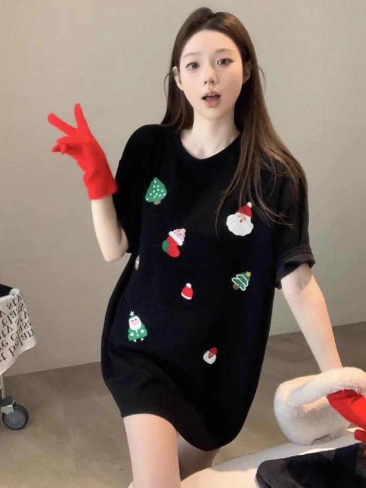 

ADAgirl Kawaii Snowman Print Short Sleeve T-shirts for Women Christmas Tree Graphic Oversize Tees Spring Summer Casual Clothes