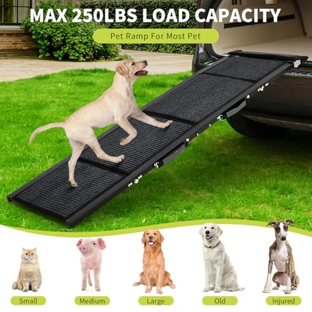 Heavy Duty Folding Dog Ramp for Car SUV & Truck – Non Slip Rug Surface Quadruple Fold Pet Stairs Adjustable Feet &