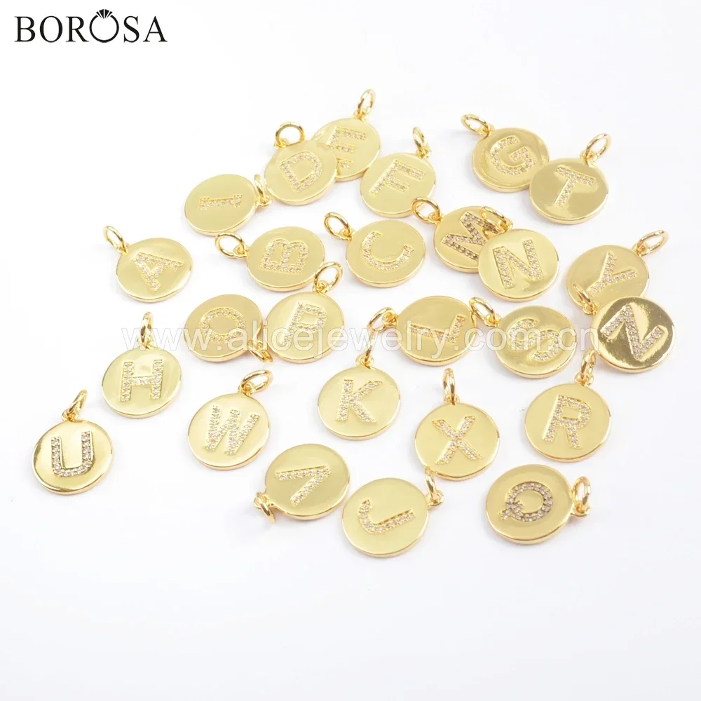 5/10PCS 15mm Round Golden Color Brass CZ Micro Pave Letter Pendant Metal Beads for Necklace/Bracelet Jewelry Making