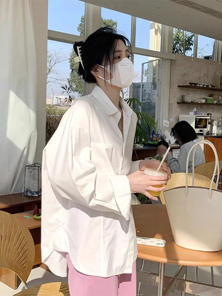 

White Loose Women's Shirt Spring Autumn Winter Layering Base Layer Inner Wear Outerwear Collar Long Sleeve Korean Style