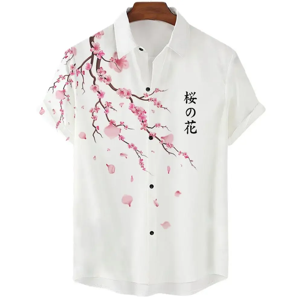 Chemise sociale de luxe à la mode pour hommes, chemise boutonnée à revers, décontractée, esthétique japonaise, imprimé fleur de cerisier, hauts à manches courtes