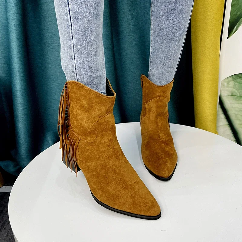 2024 Chelsea Boots Ankle Fringe Chunky Heels Western Cowboy Style Shoes Short Elegant Woman Heeled Punk Plus Size