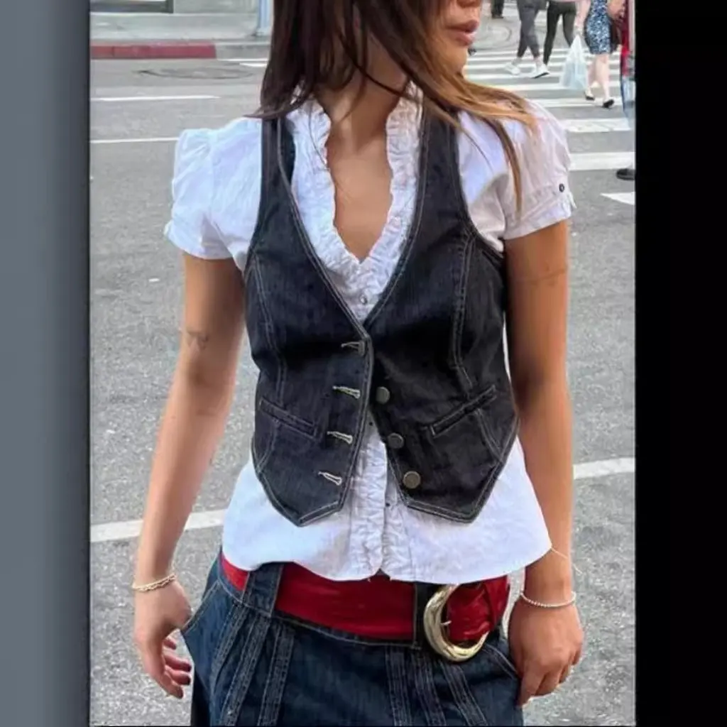 

Fashion Slim Fit Denim Vest for Women European American Style Apparel Outerwear