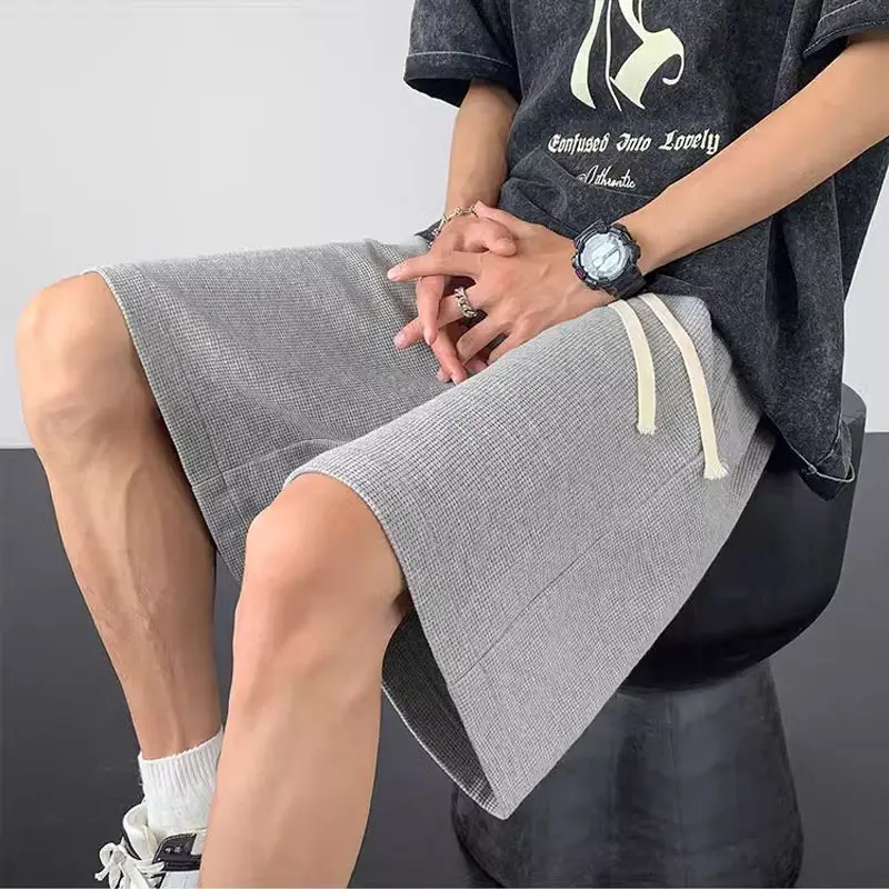 

Men Wide Leg Shorts Waffle Lightweight Casual Drawstring Outdoor Absorb Sweat Middle Bottoms Jogging Loose Straight Leg Shorts