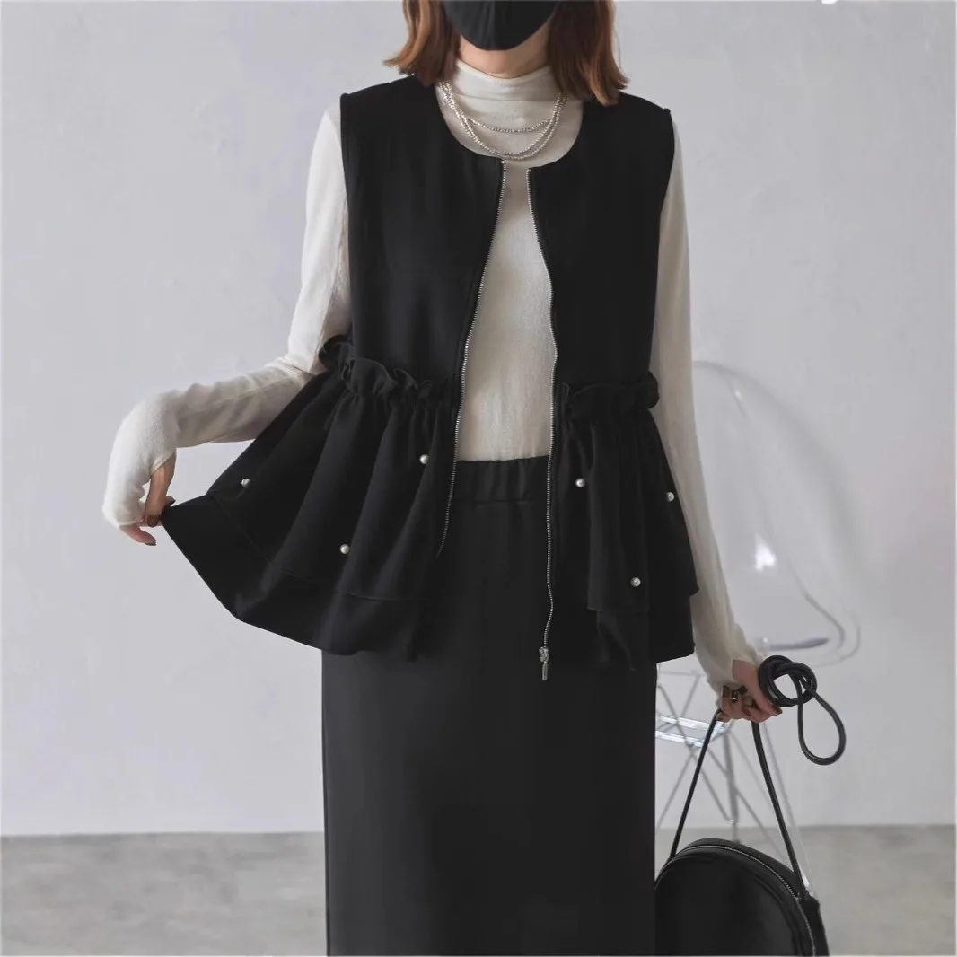 

Zipper round Ne Splice Pearl Embellied Sweatirt Vest Cross-Border Japanese Sle Wooden Collar Open Cardigan