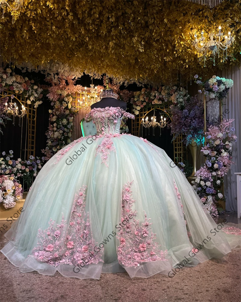 Mexico Groene 3D Bloem Quinceanera Jurken Baljurk Kraal Applicaties 2024 Verjaardag Luxe Jurk Uit De Schouder Prinses Jurk