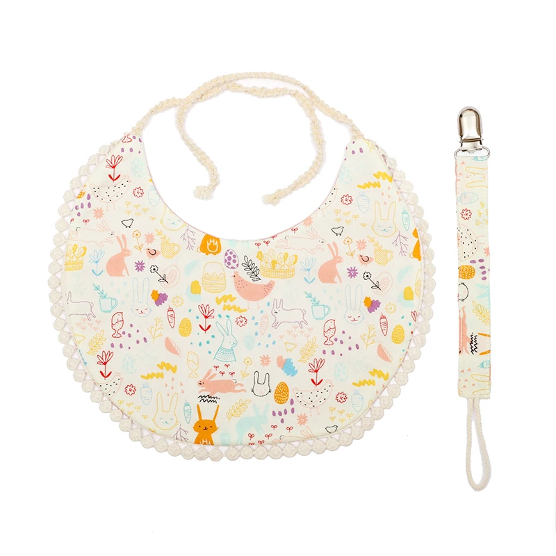 Cotton Print Double Side Baby Bibs Baby Girls Saliva Towel with Match Pacifier Chain Newborn Toddler Baby Feeding Burp Cloths