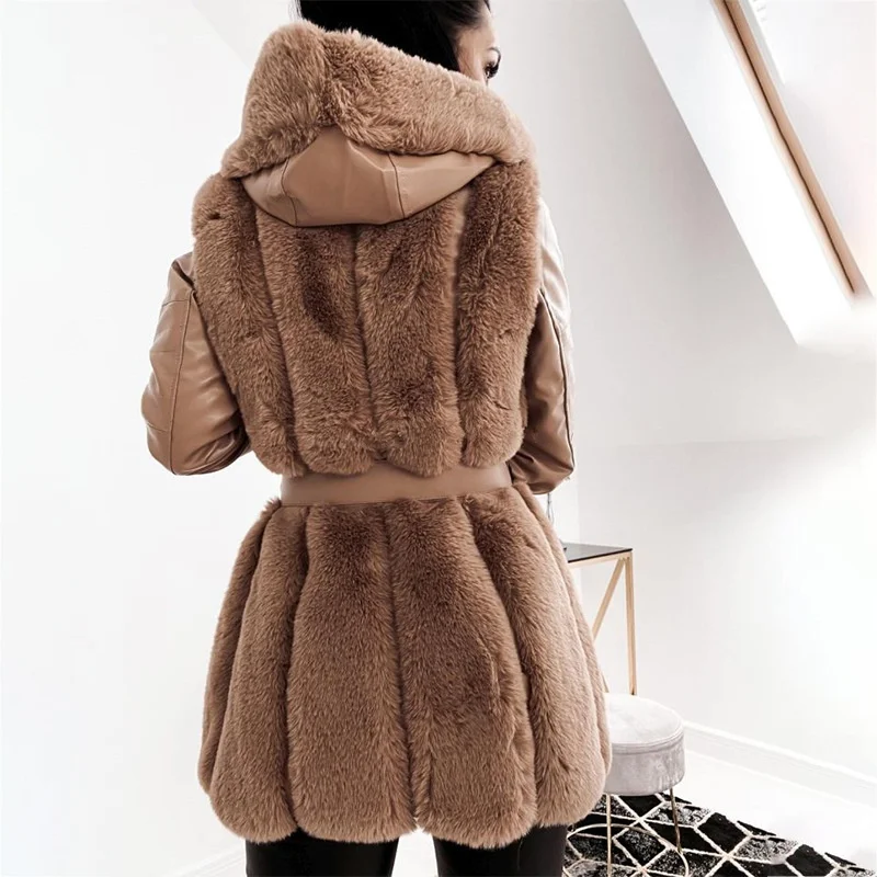 Fashion Leather Fur Stitching Coat Women Autumn Winter Streetwear Hooded Jacket Female Zip-up Belt Slim Overcoat Large Size 5XL