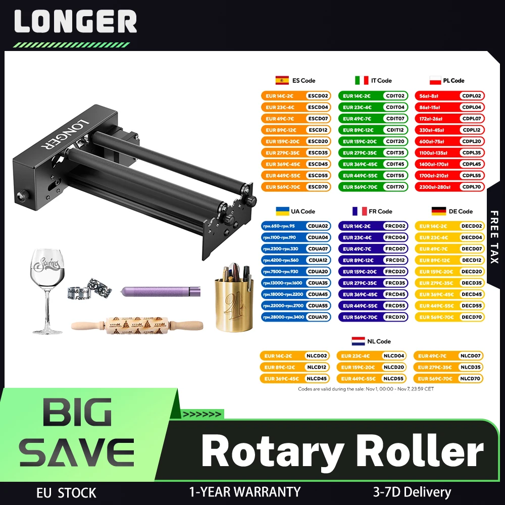 Graveur laser LONGER Rouleau rotatif à axe Y, 360 °   Rotation, diamètres réglables de 6 à 300 mm, durable et polyvalent, énorme espace