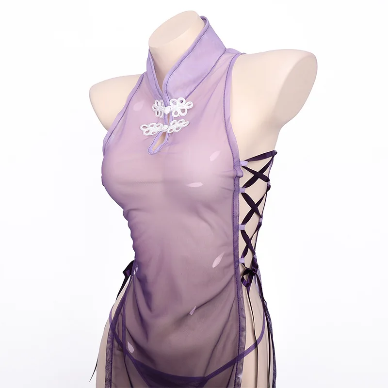 Anilv anime sakura cheongsam unform chi-pao feminino malha transparente flor vestido roxo qipao temperamento lingerie traje erótico